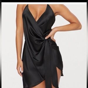 PrettyLittleThing Black Satin Halterneck Wrap Bodycon Dress